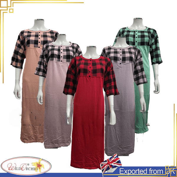 Ladies Nightie Digital Half Checks Prints Night Shirts Crew Neck