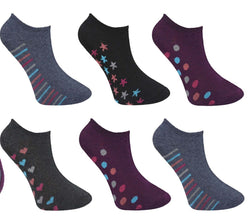 Ladies Ladies Trainer Ankle Socks Pattern Plain Cotton Rich Pack 3,6,12 Size 4-8